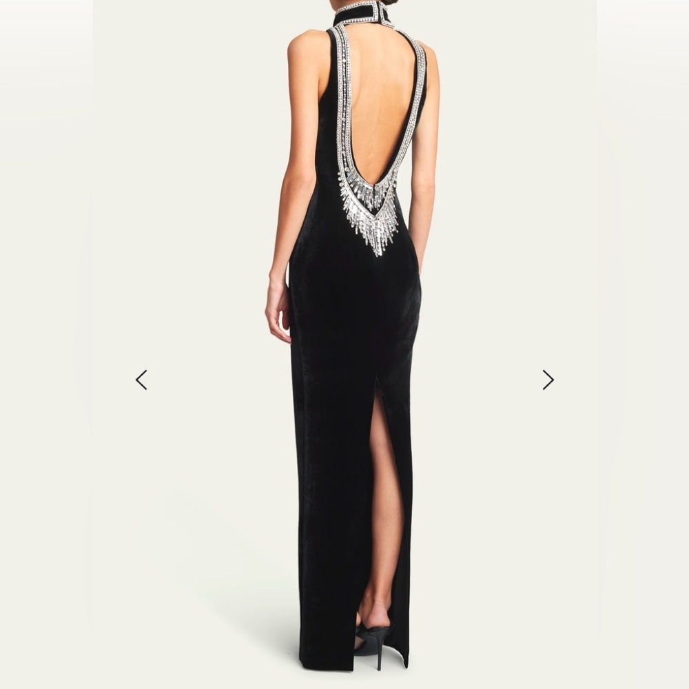 Balmain Velvet Rhinestone Embellished Black Evening Dress